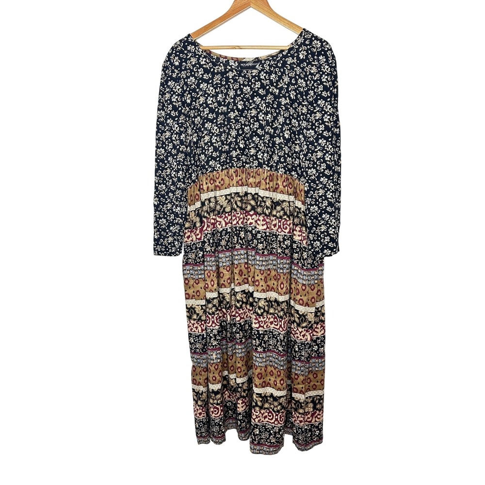 Vintage Molly Malloy Tiered Maxi‎ Dress Floral Boho Patchwork Long Sleeve Large